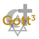 Grafik mit dem Text Gott³ vor den Symbolen der 3 Abrahamitischen Religionen. Steht für Schlagworte.