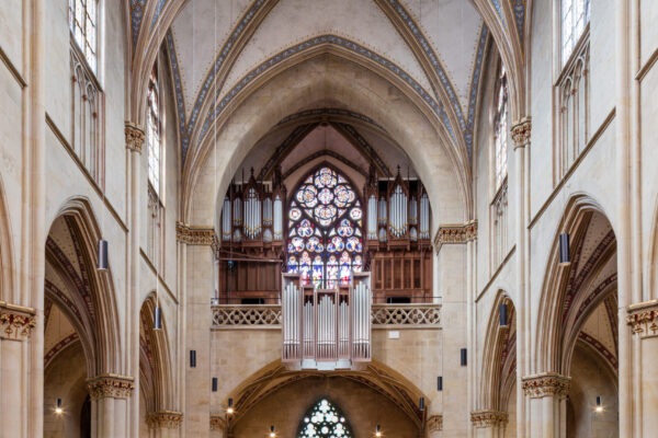 Hinterer Teil einer großen Kirche mit vielen Bänken großen Säulen und Orgel
