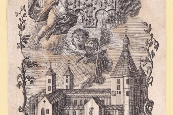 Kirche mit darüber schwebenden Engeln mit einem Kreuz in der Hand
