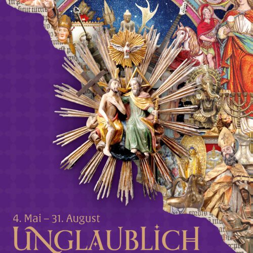 Keyvisual der Ausstellung. Eine Collage verschiedener heiliger Objekte.