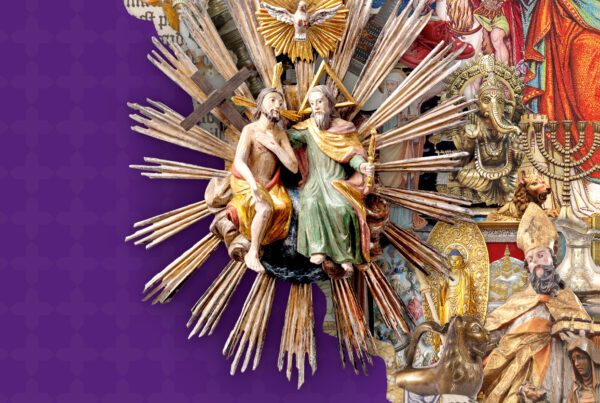 Keyvisual der Ausstellung. Eine Collage verschiedener heiliger Objekte.