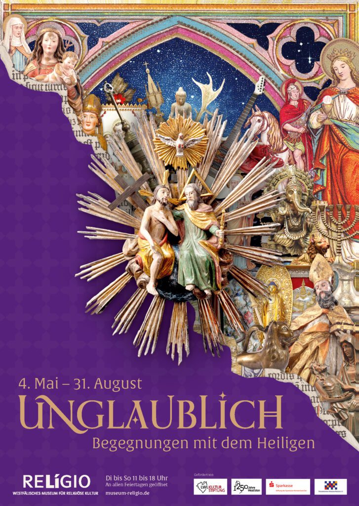 Keyvisual der Ausstellung. Eine Collage verschiedener heiliger Objekte.