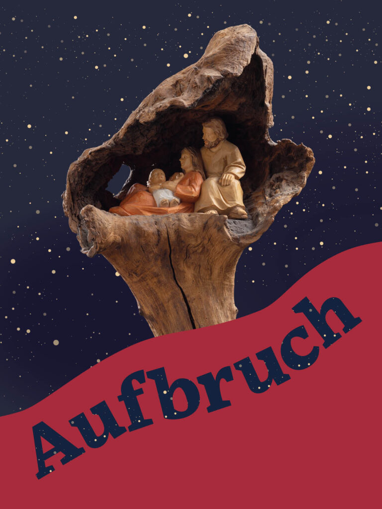 Maria und Josef mit dem kleinen Jesus in einer Höhle aus Holz vor einem Sternenhimmel und dem Titel der Ausstellung Aufbruch
